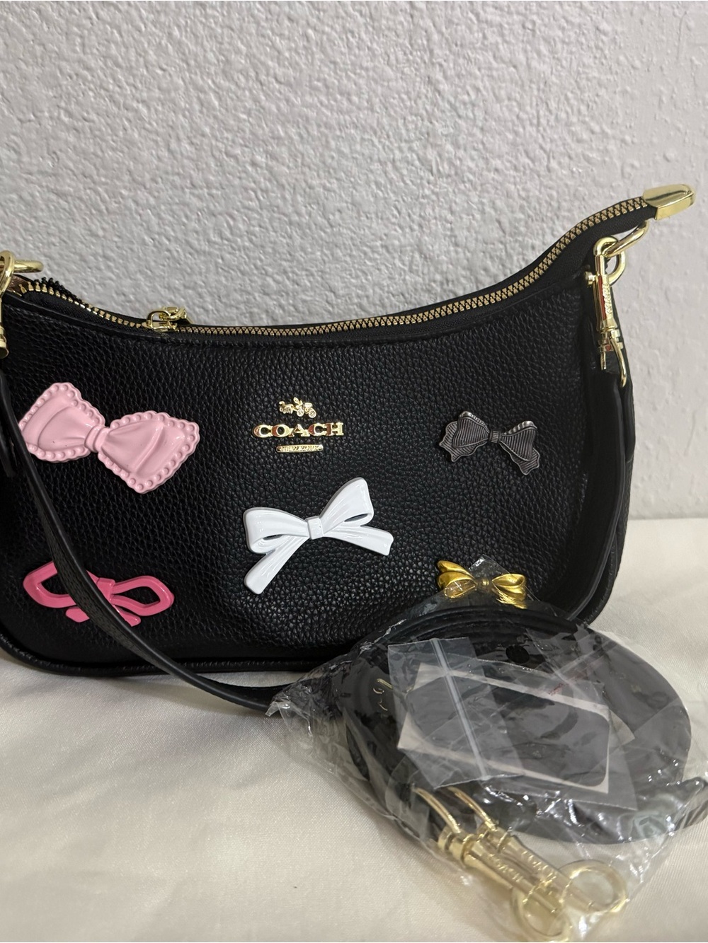 Coach Black Pebble Leather Crossbody with Multicolor Bow Appliqués NEW